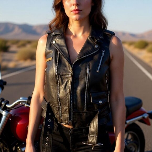 Daniel Smart Womens Leather Biker Vest XS With Patches Black - Picture 2 of 10